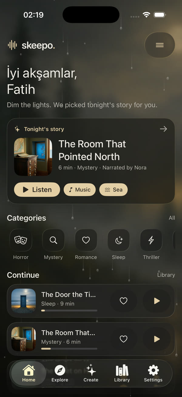 Moonlo home screen: tonight's story, categories, continue listening